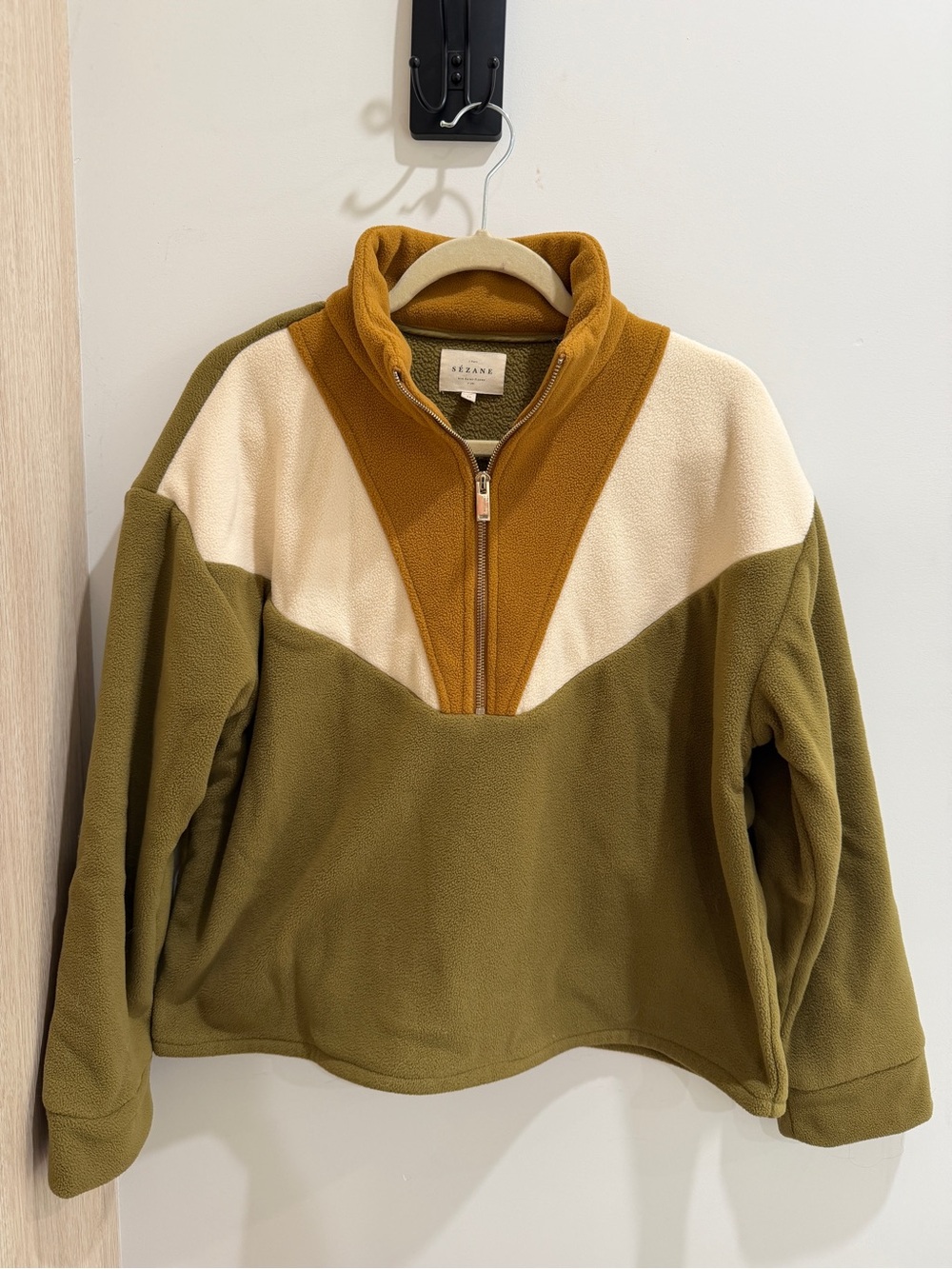 Sezane Olive Green, Cream & Mustard Quarter-Zip Fleece Jacket